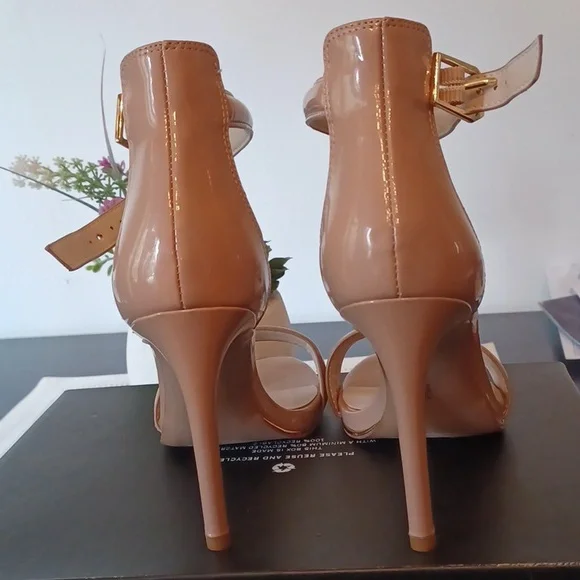 Kenneth Cole sz 8 Beige gold trim sole 4 inch open toe Ankle Strap Heel - Picture 9 of 10